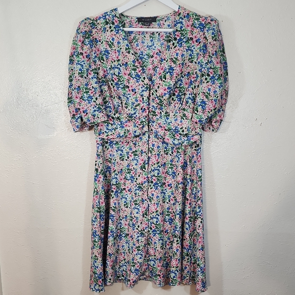 Primark Multi-Color Puff Sleeve Vintage Style Midi Dress Size 10
